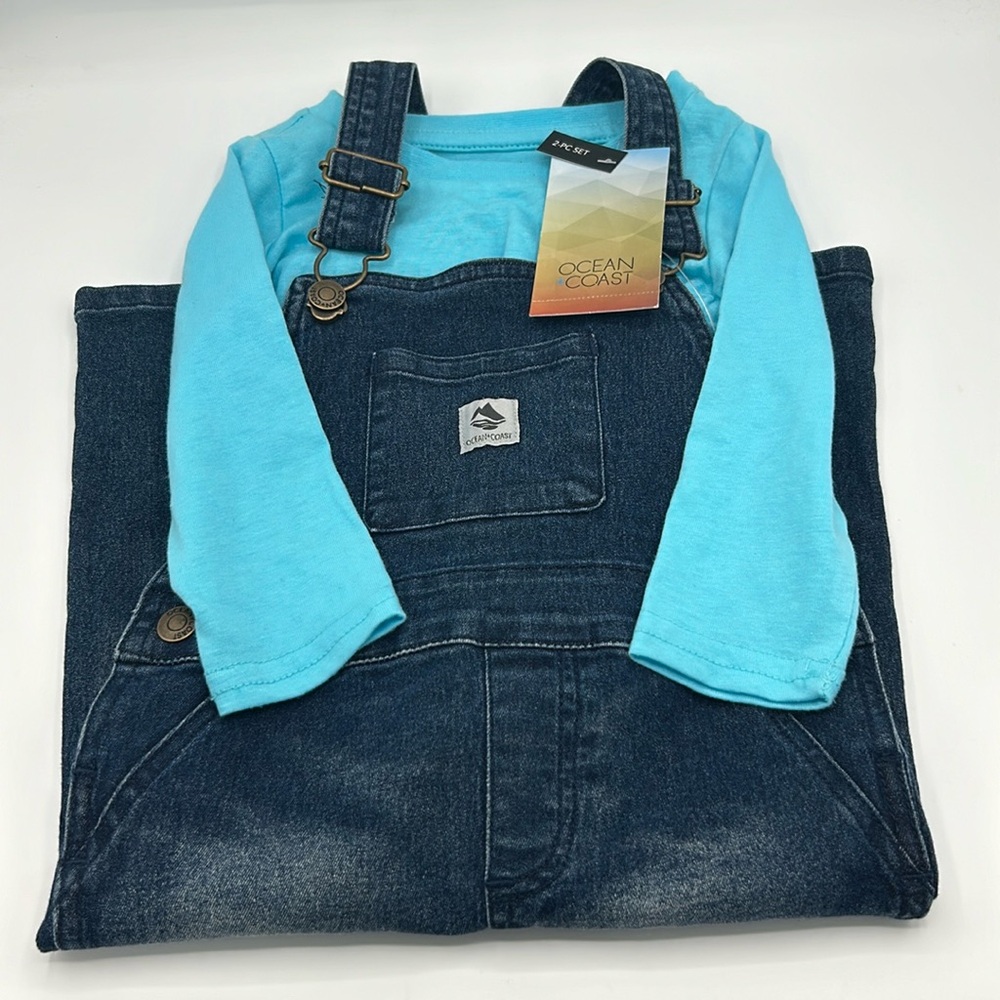 NWT Ocean + Coast Boys 18 Months Blue Longe Sleeve Tee & Denim Overall Set